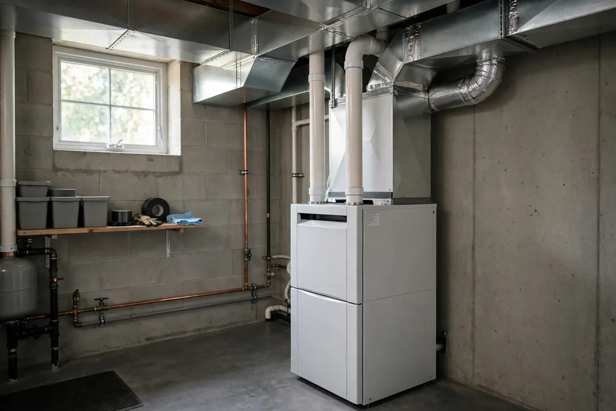 A gas furnace with ductwork in a basement