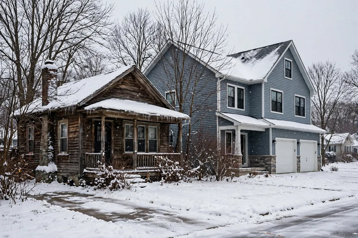 A small older bungalow beside a larger newer two-story home in winter