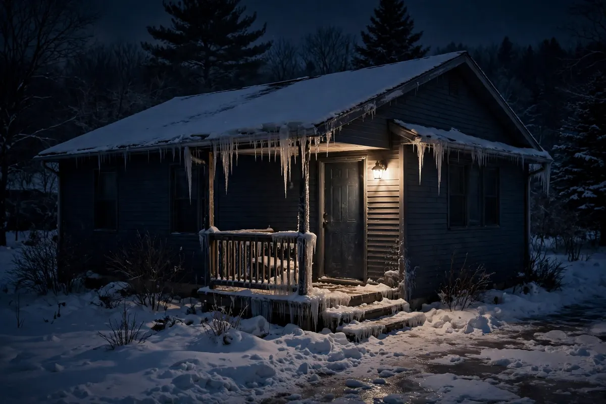 A dark Wisconsin home at night in a January freeze with one porch light on