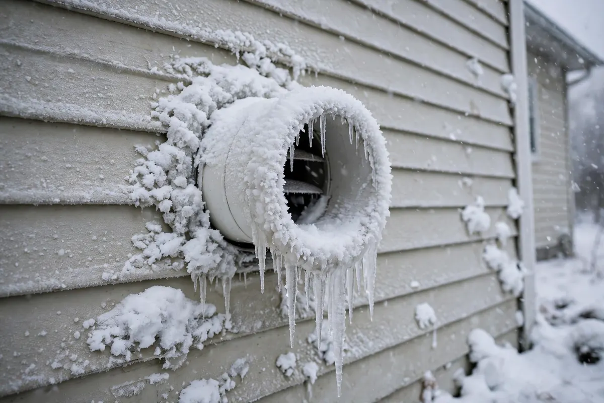 A furnace exhaust vent pipe covered in frost and ice in winter