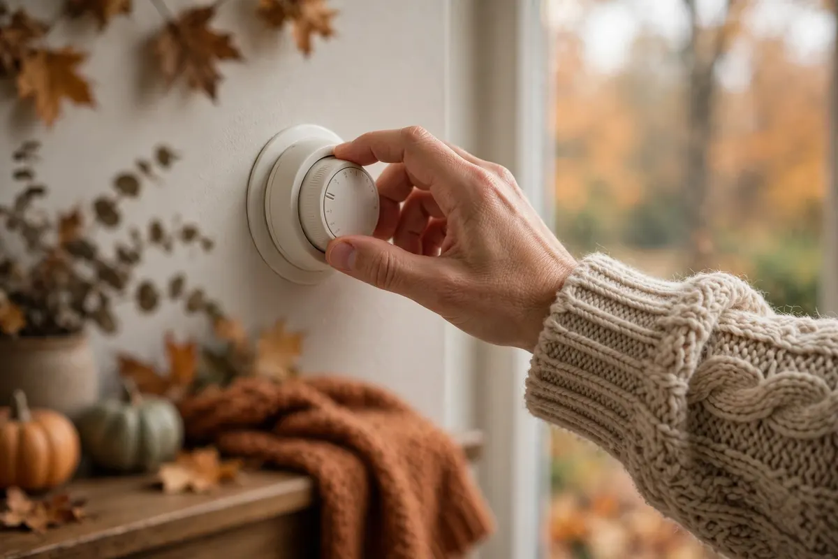 A hand turning a thermostat dial in autumn