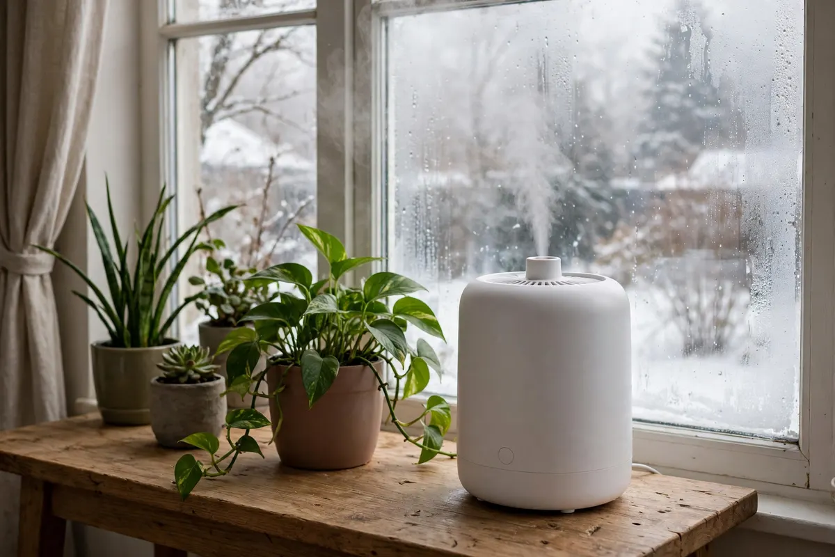 A home humidifier unit on a table near a window with condensation in winter