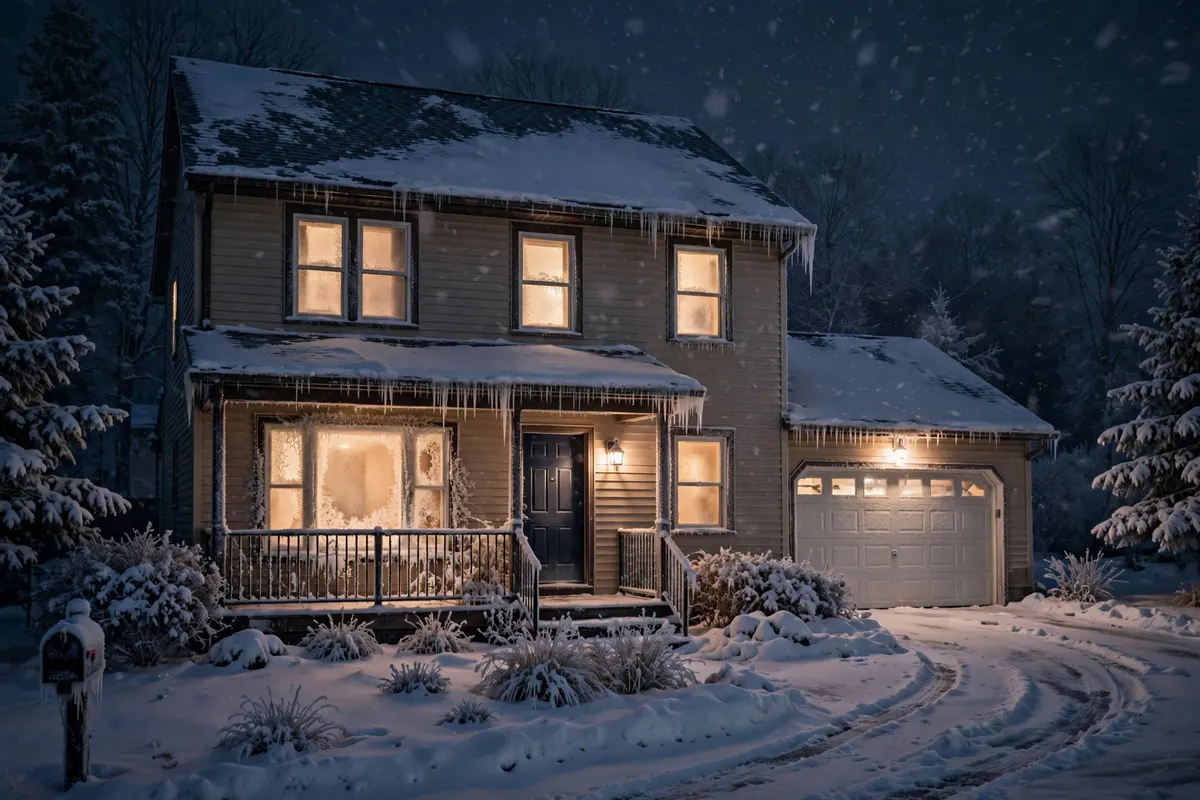 A Wisconsin home exterior on a very cold January night with warm lights