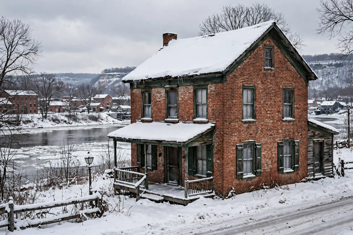 An old brick mill-era home in a Wisconsin river town in winter