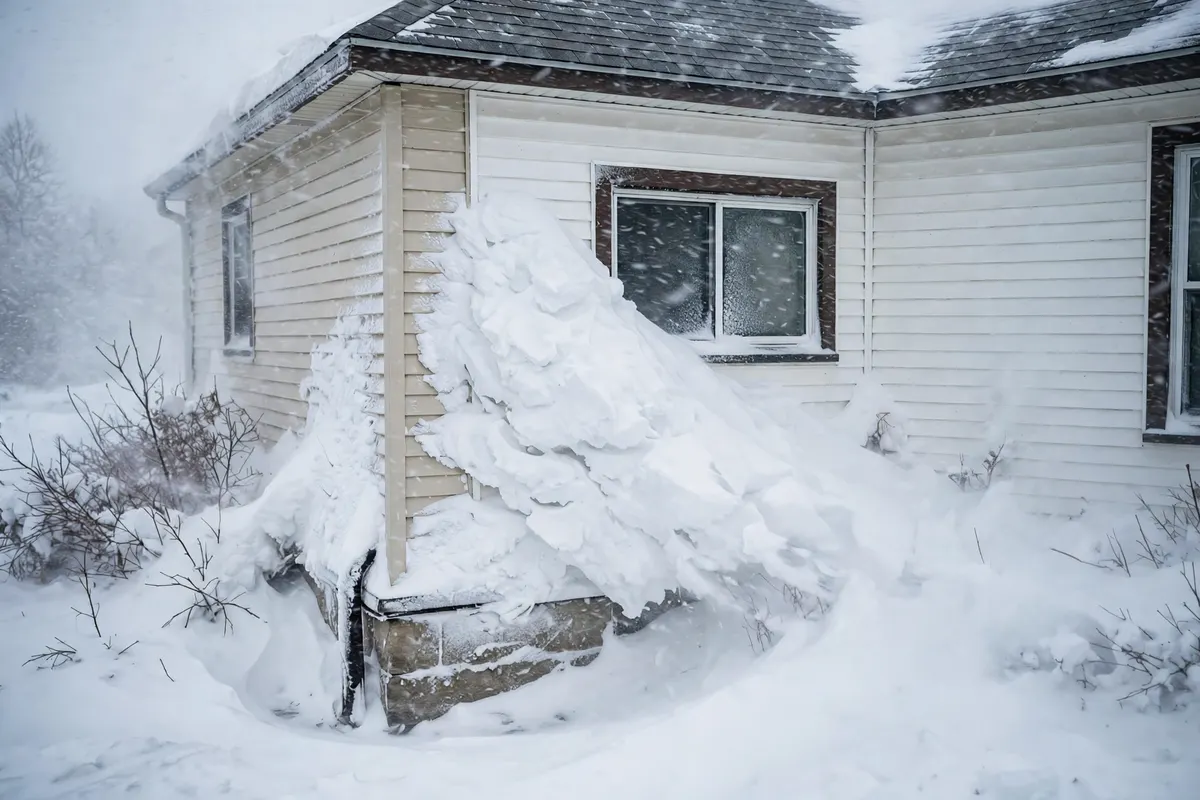 Deep snow drifted against the side of a Wisconsin house in a snowstorm