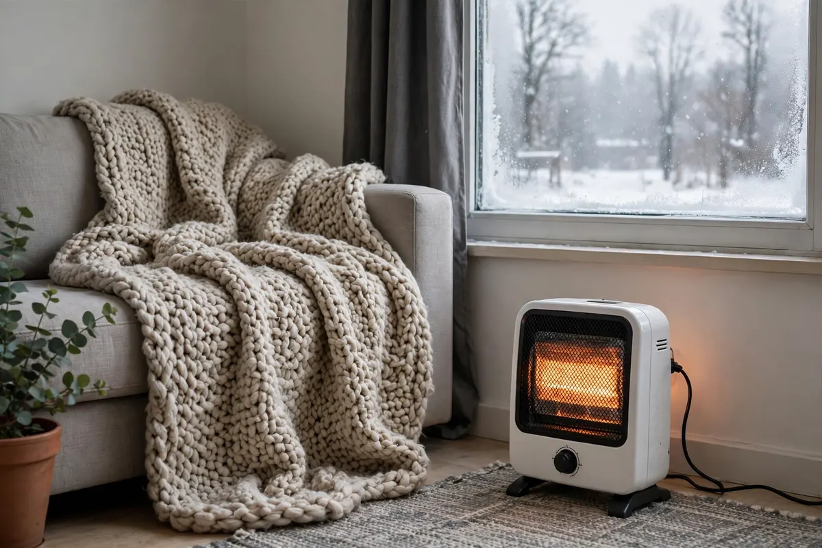 A small space heater in a cold living room corner in winter