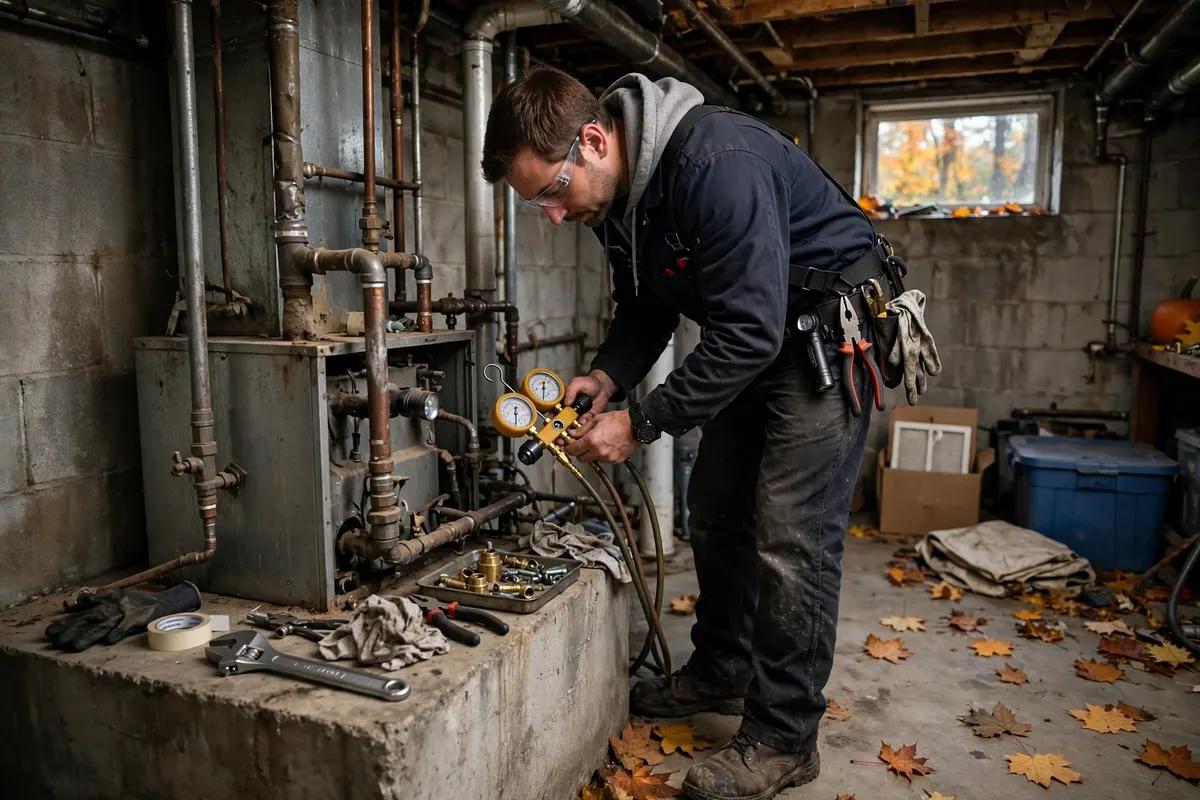 A technician doing an autumn furnace tune-up with a gauge in a basement