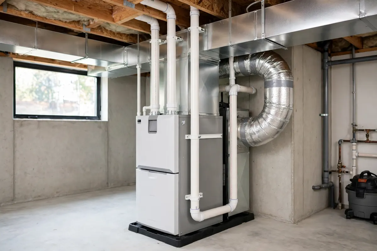 A modern two-stage furnace in a bright basement