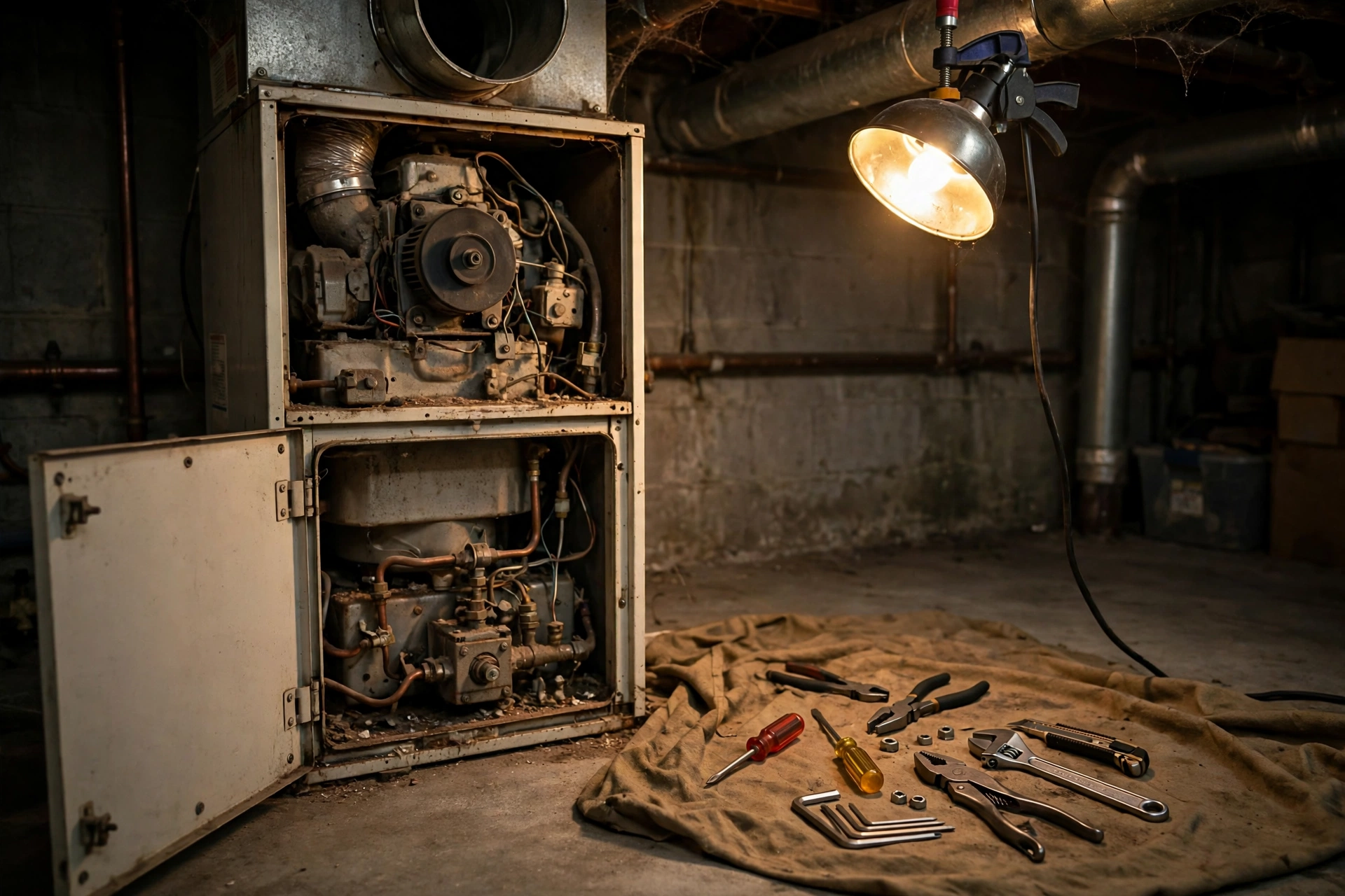 An open furnace cabinet with hand tools laid out beside it