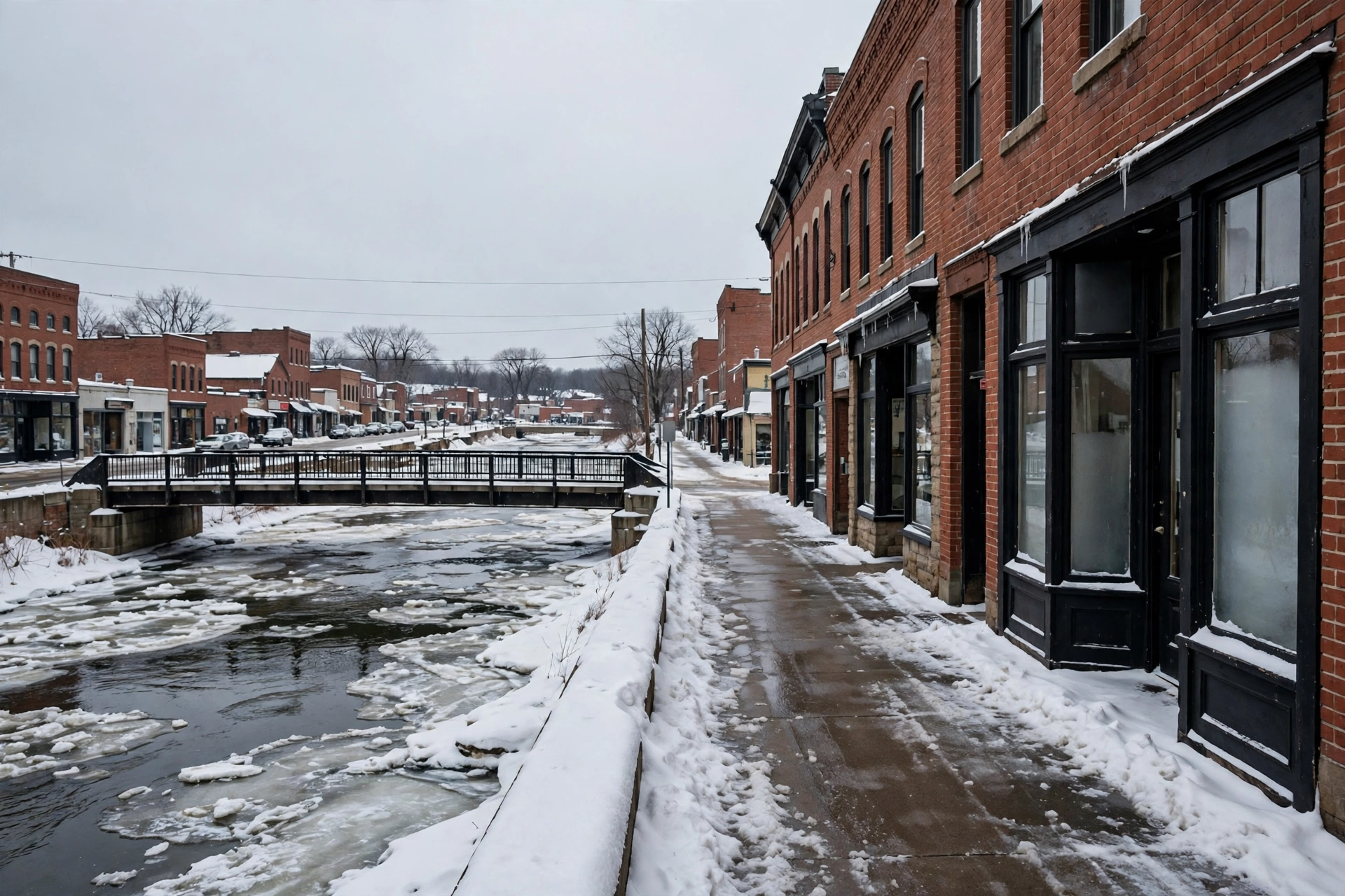 A Fox River town street in winter with brick storefronts and a small bridge
