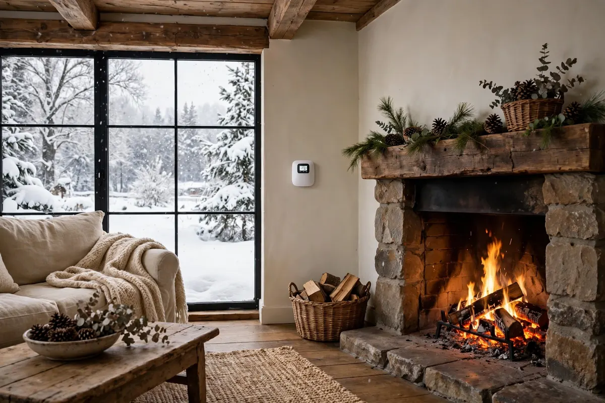 A living room in a country home in winter, with a wall thermostat and snow outside the window