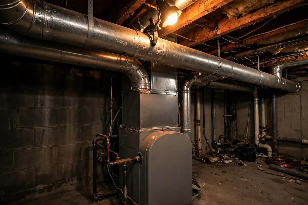 Silver metal ductwork running along a basement ceiling above a furnace