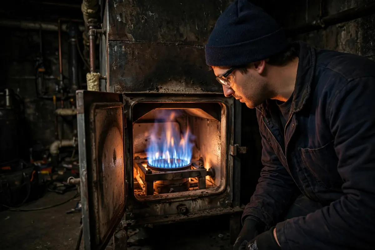 A technician looking at a steady blue burner flame inside an open furnace
