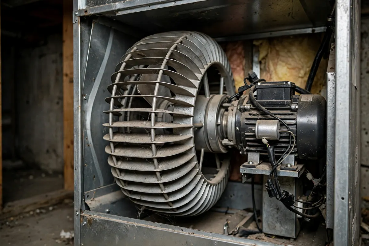 A furnace blower fan and motor inside an open cabinet