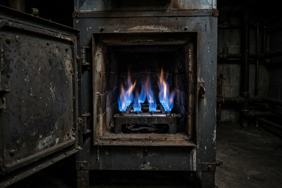 Blue gas burner flames inside a furnace