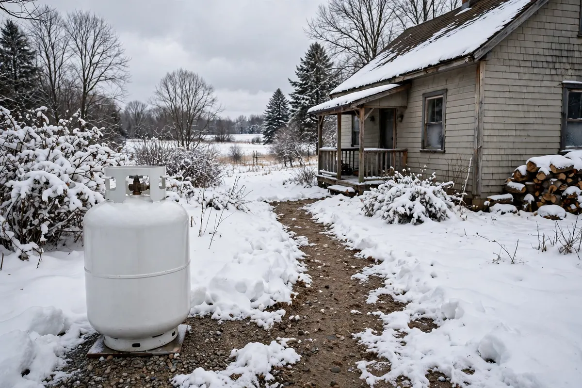 A propane tank beside a rural home in winter snow