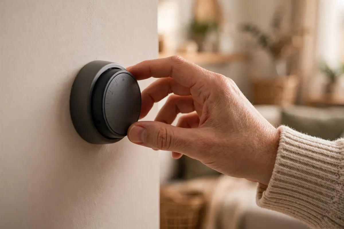 A hand adjusting a round thermostat on a wall