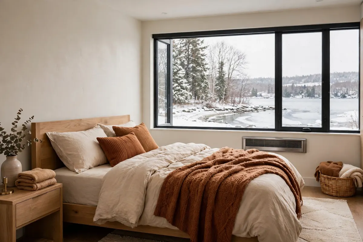 A bedroom in a newer home with a wall heat register and a snowy lakeshore outside