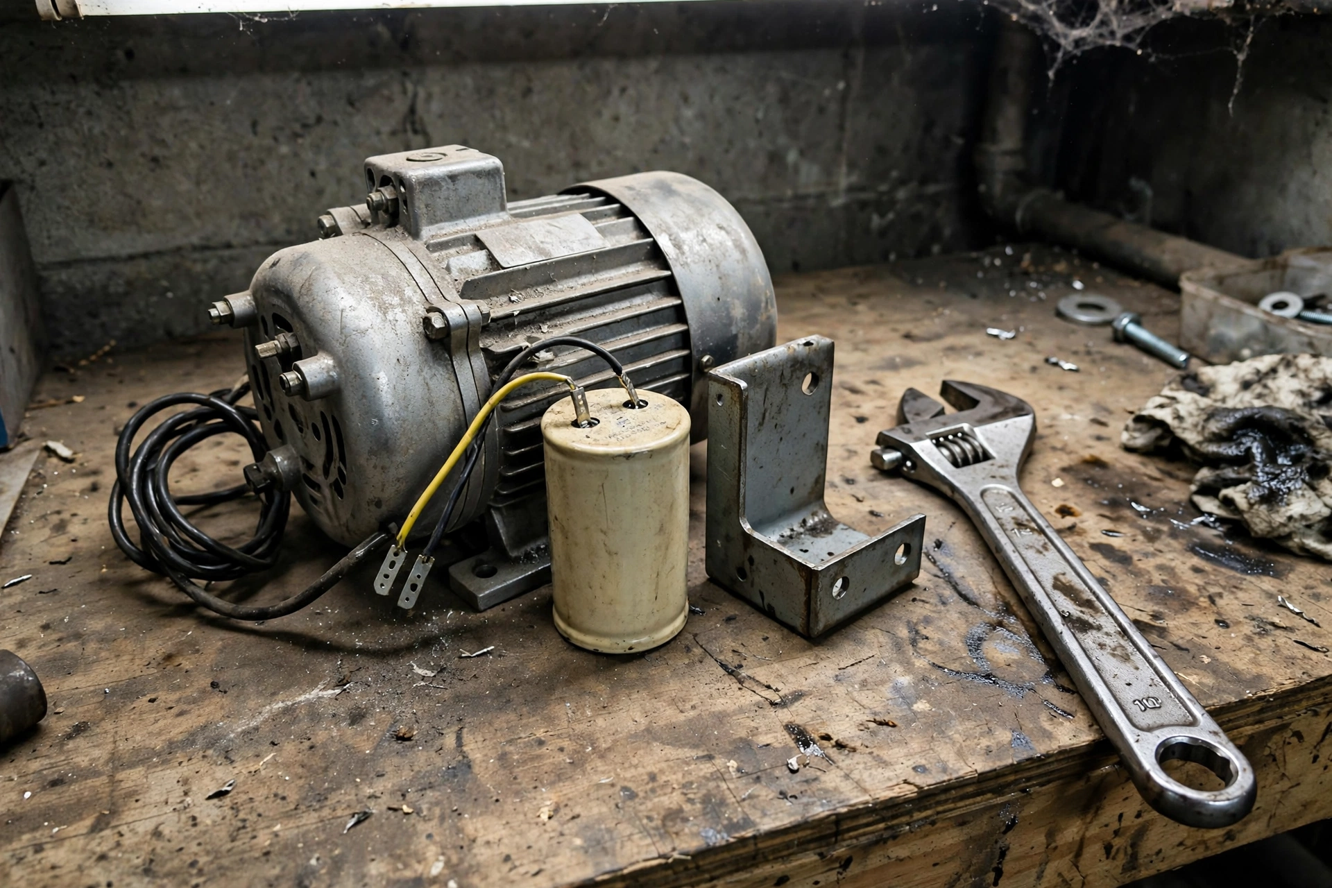 A blower motor with its capacitor and bracket on a workbench
