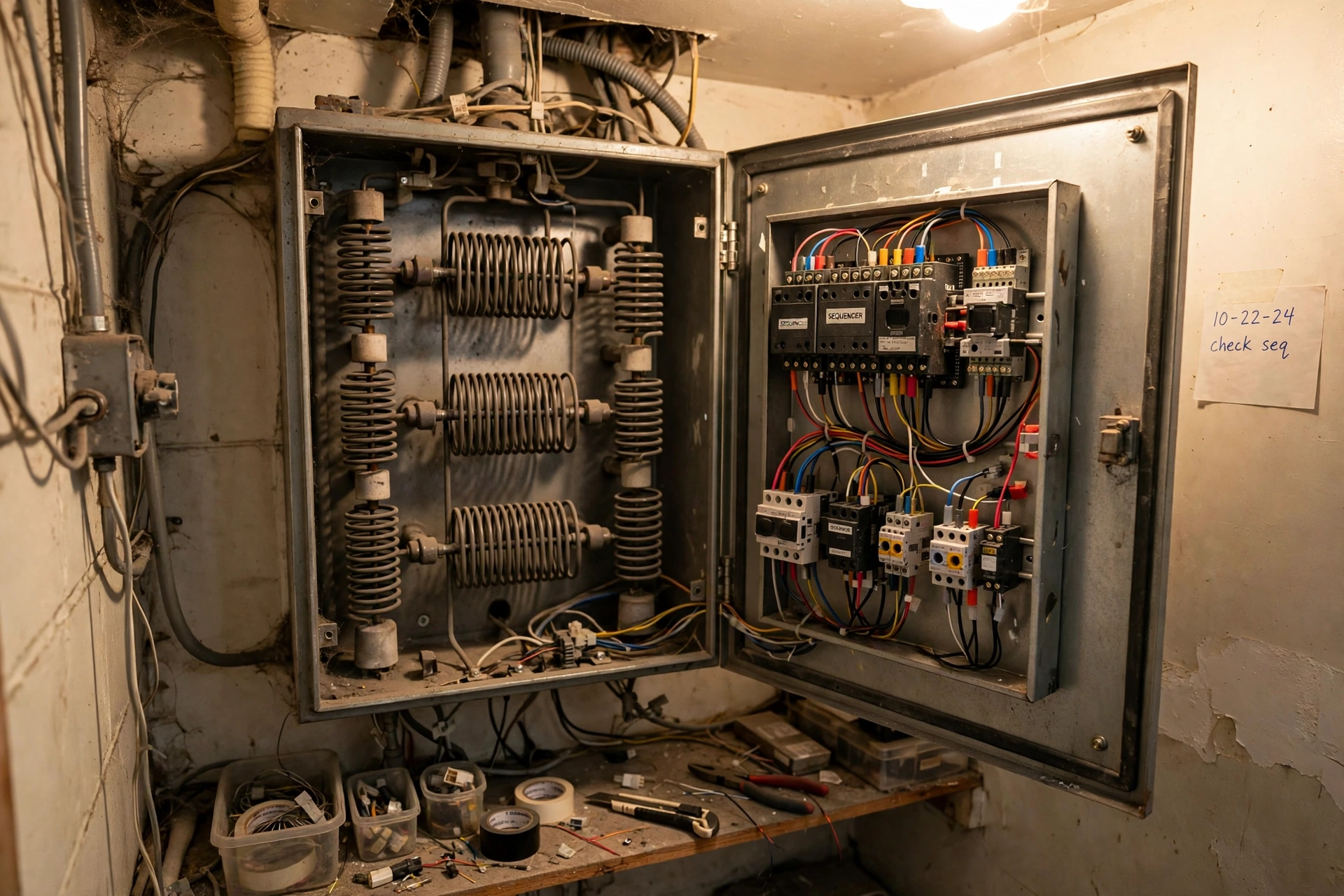 An open electric furnace cabinet showing heating elements and a sequencer