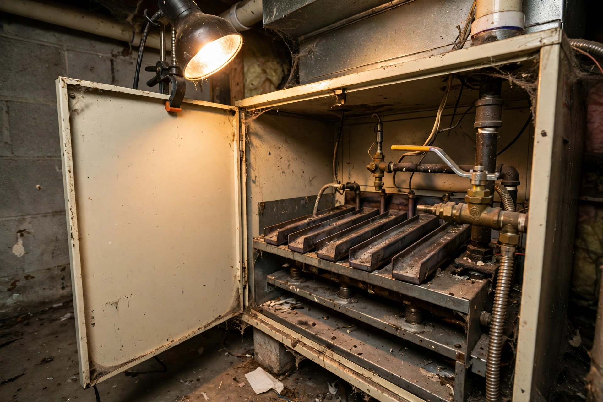A gas furnace burner assembly with its cabinet door open