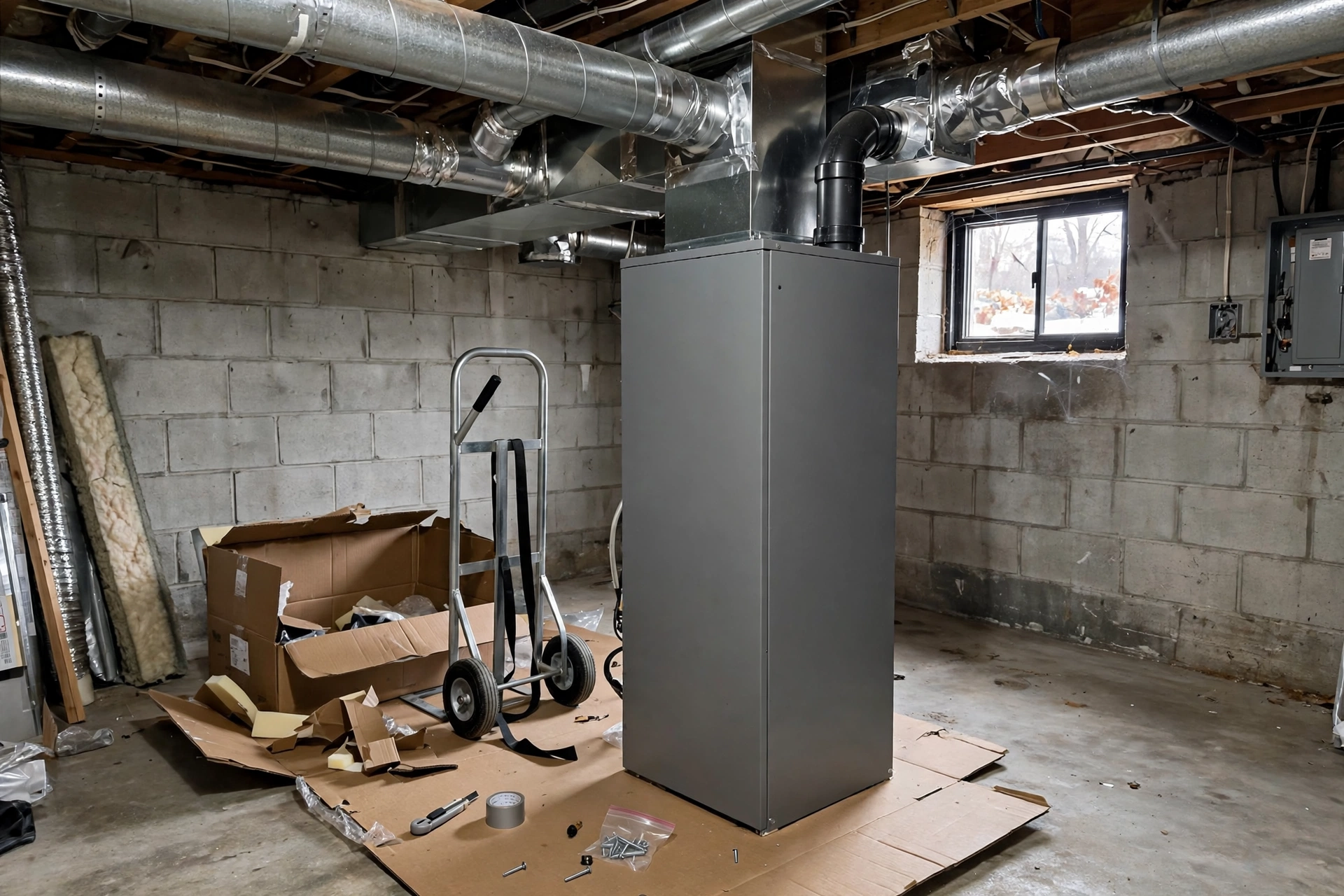 A new furnace standing in a basement during installation, with a dolly and packaging nearby