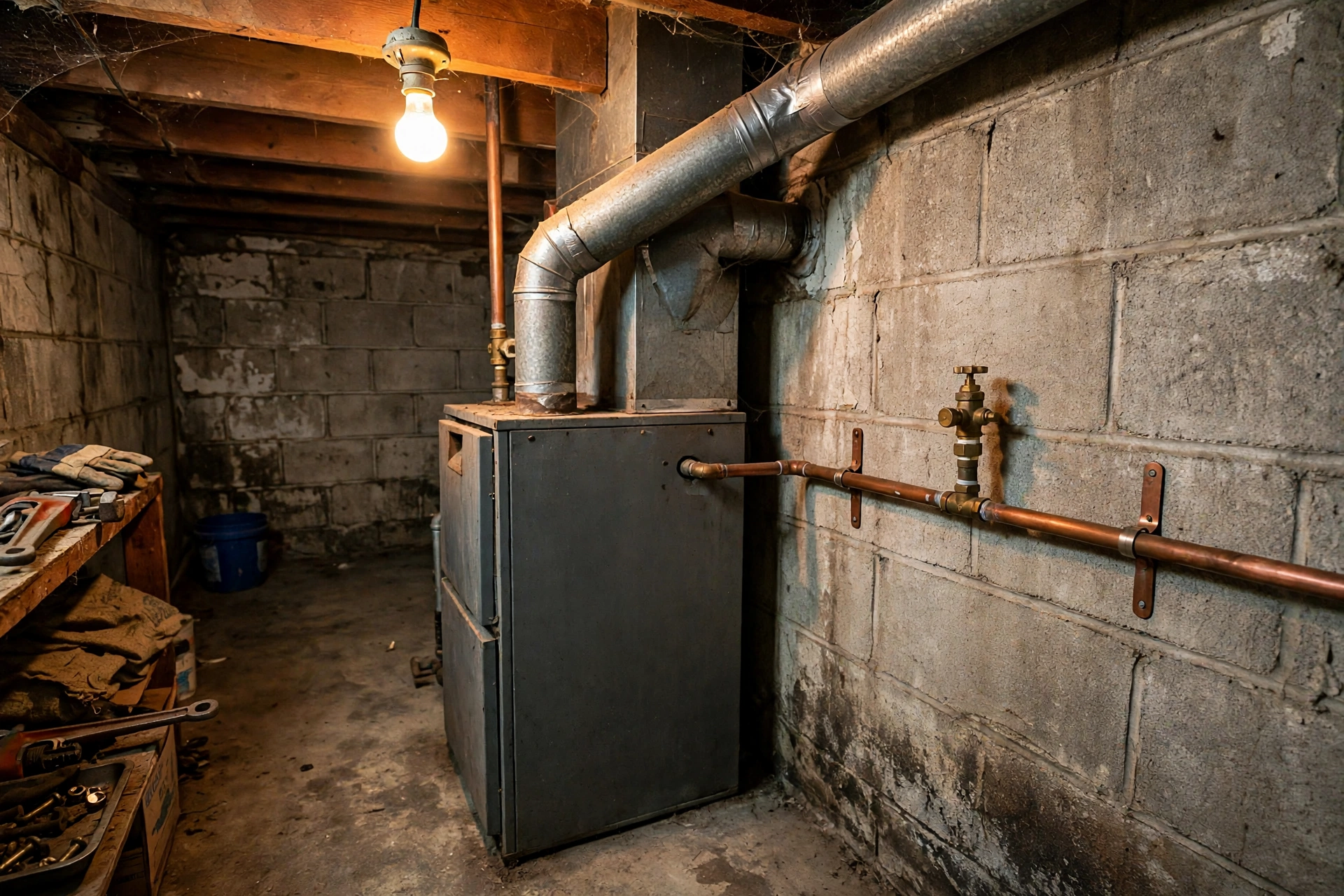 A propane furnace in a basement with a copper gas line