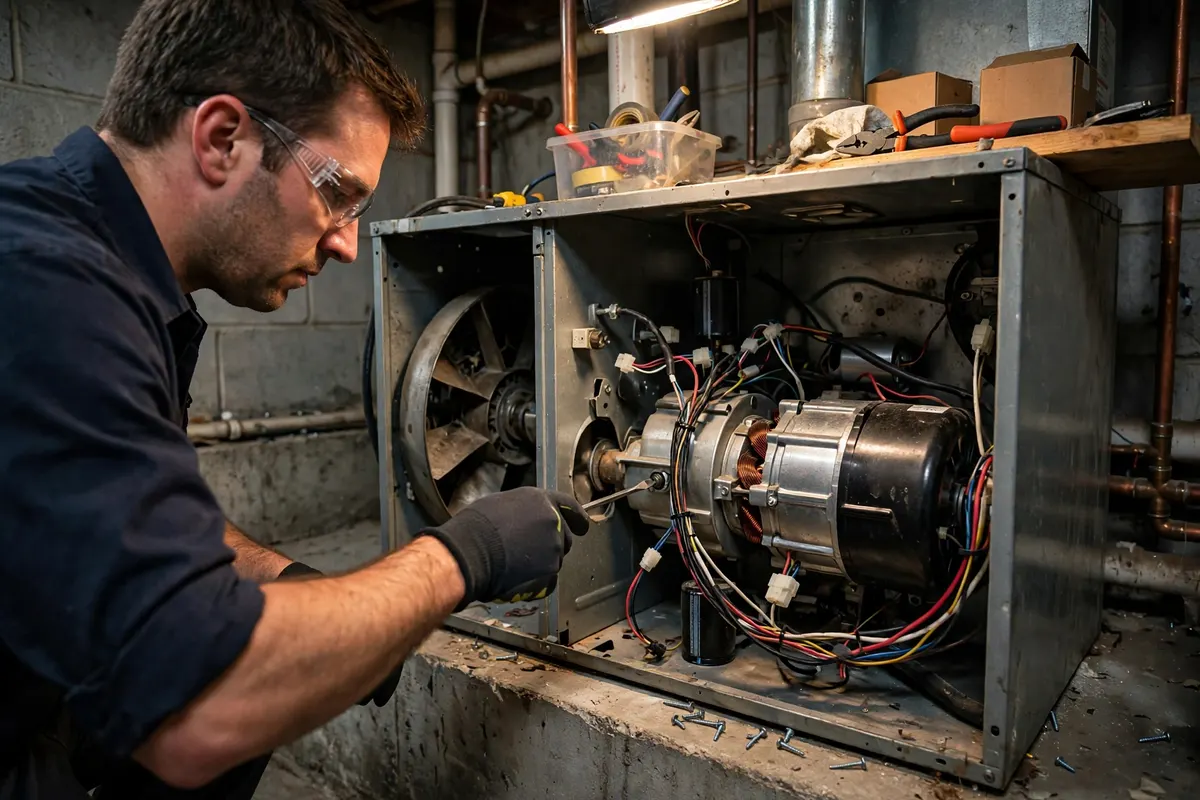 A technician working on an open furnace blower motor in a Hortonville home