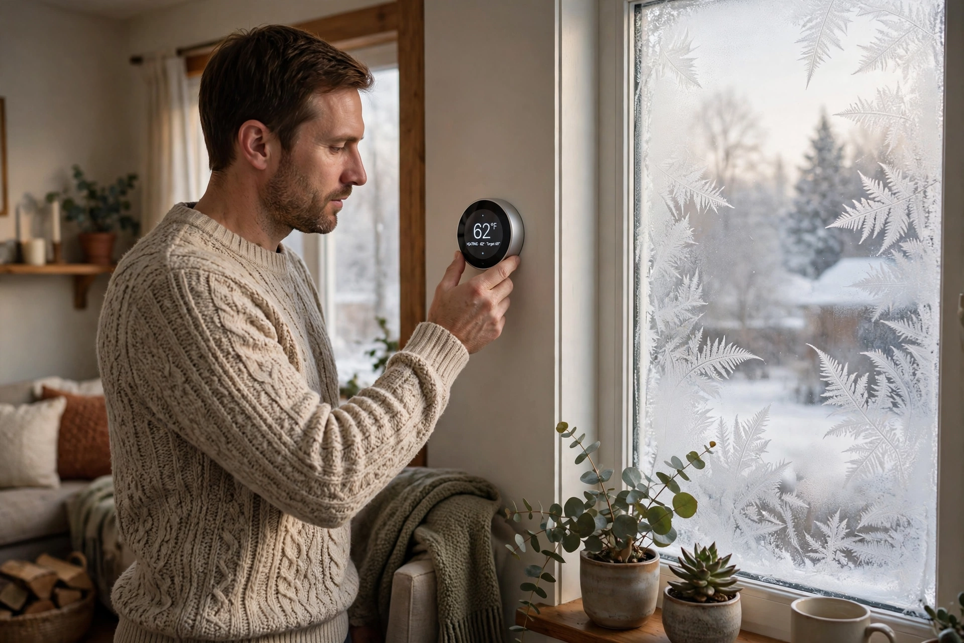 Homeowner checking a round wall thermostat near a frosty window on a cold morning