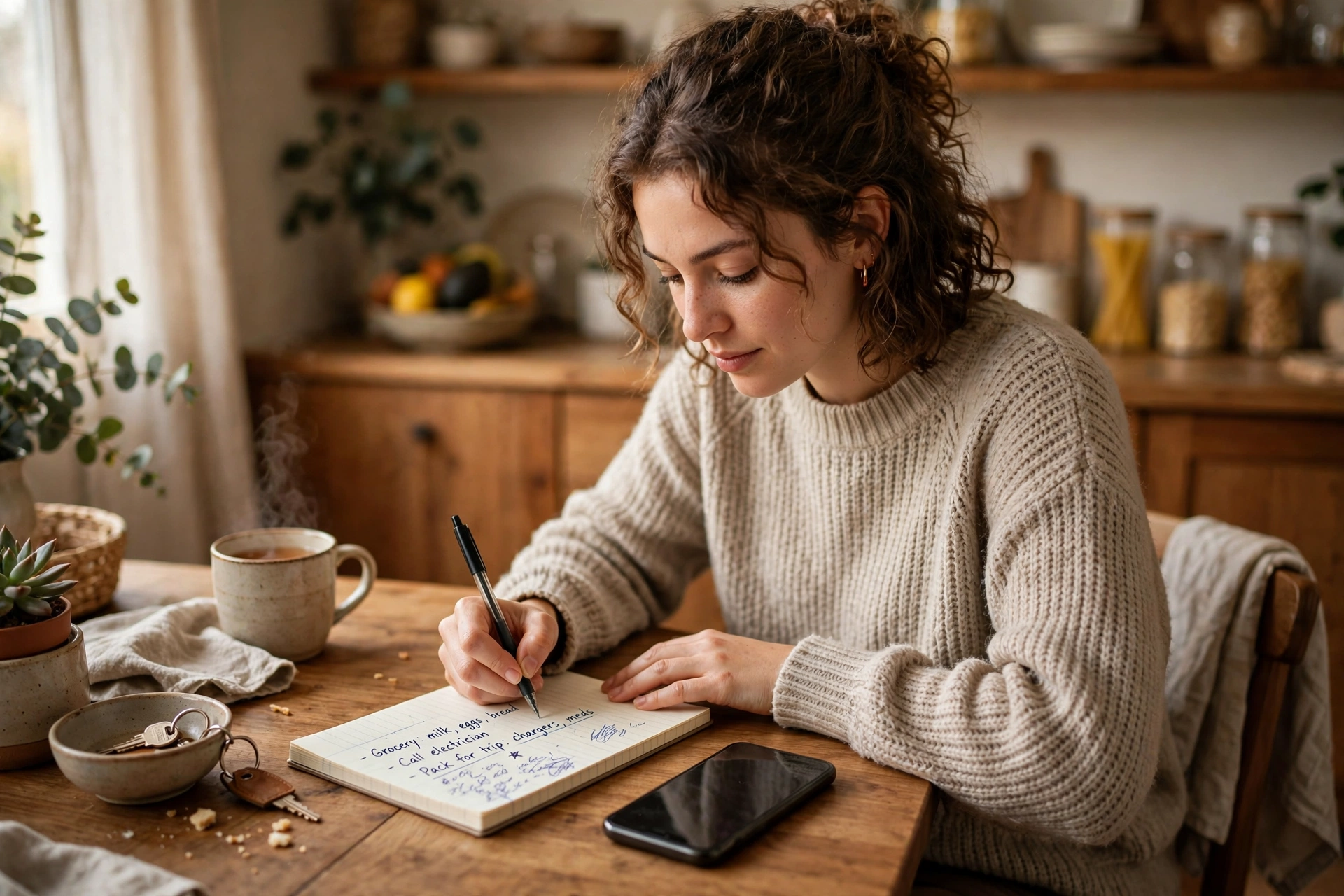 Person writing notes on a notepad at a kitchen table with a phone beside it