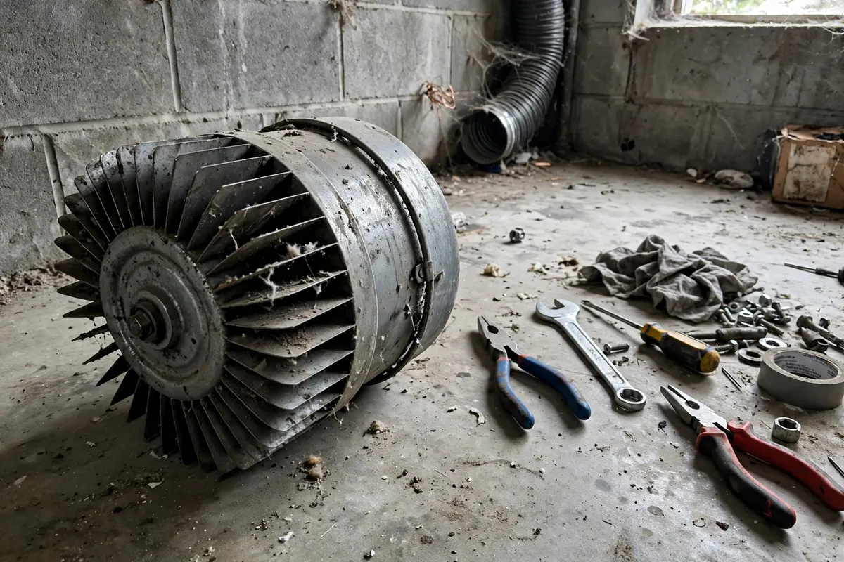 A blower wheel removed from a furnace on a basement floor