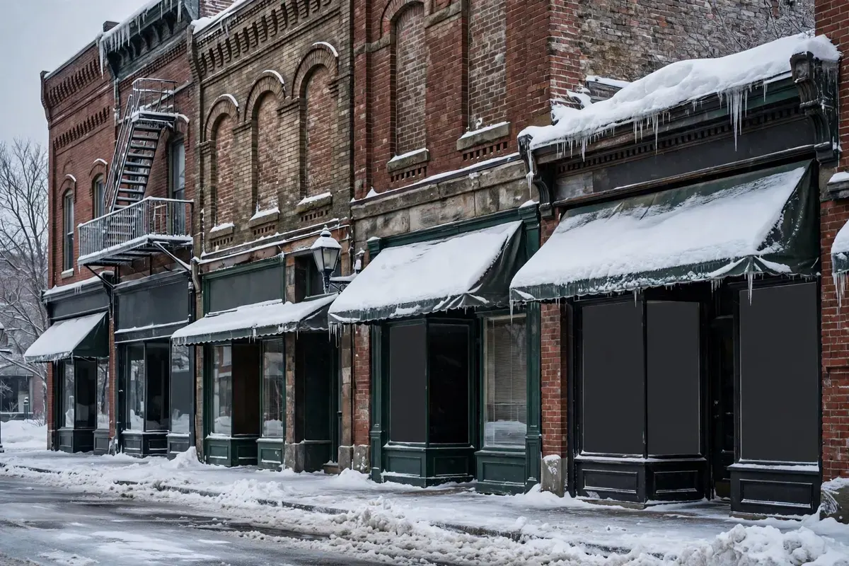 An older brick downtown block in a Wisconsin town in winter