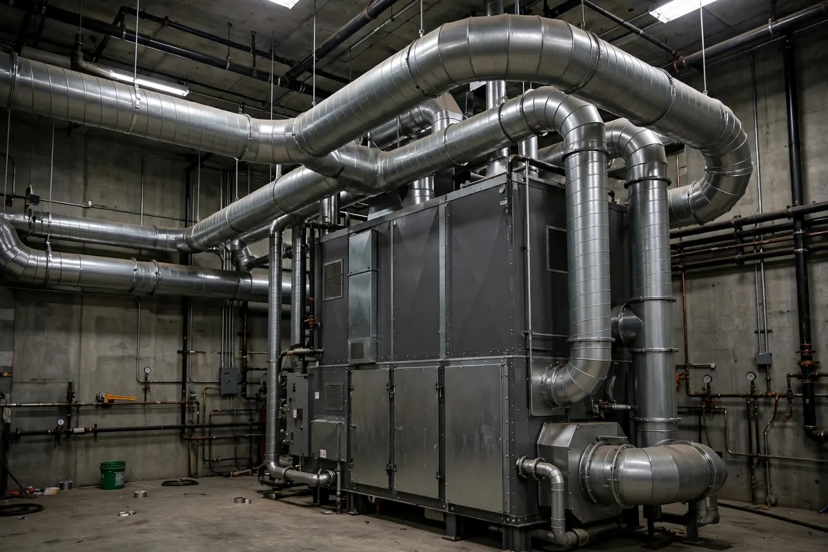 A large commercial furnace unit in a mechanical room