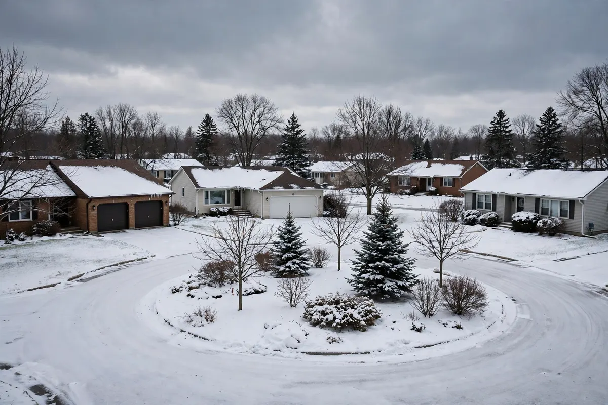 A quiet residential cul-de-sac in Wisconsin in winter