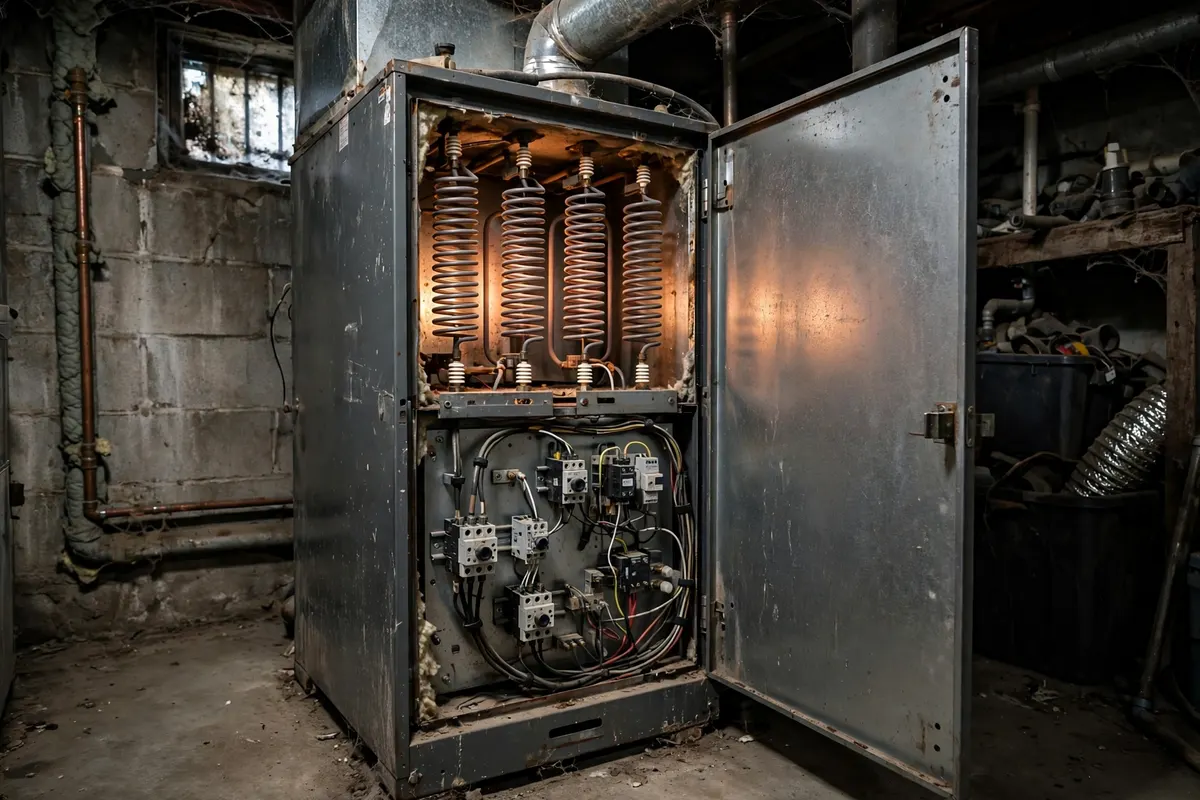 An electric furnace with its panel open showing heating elements