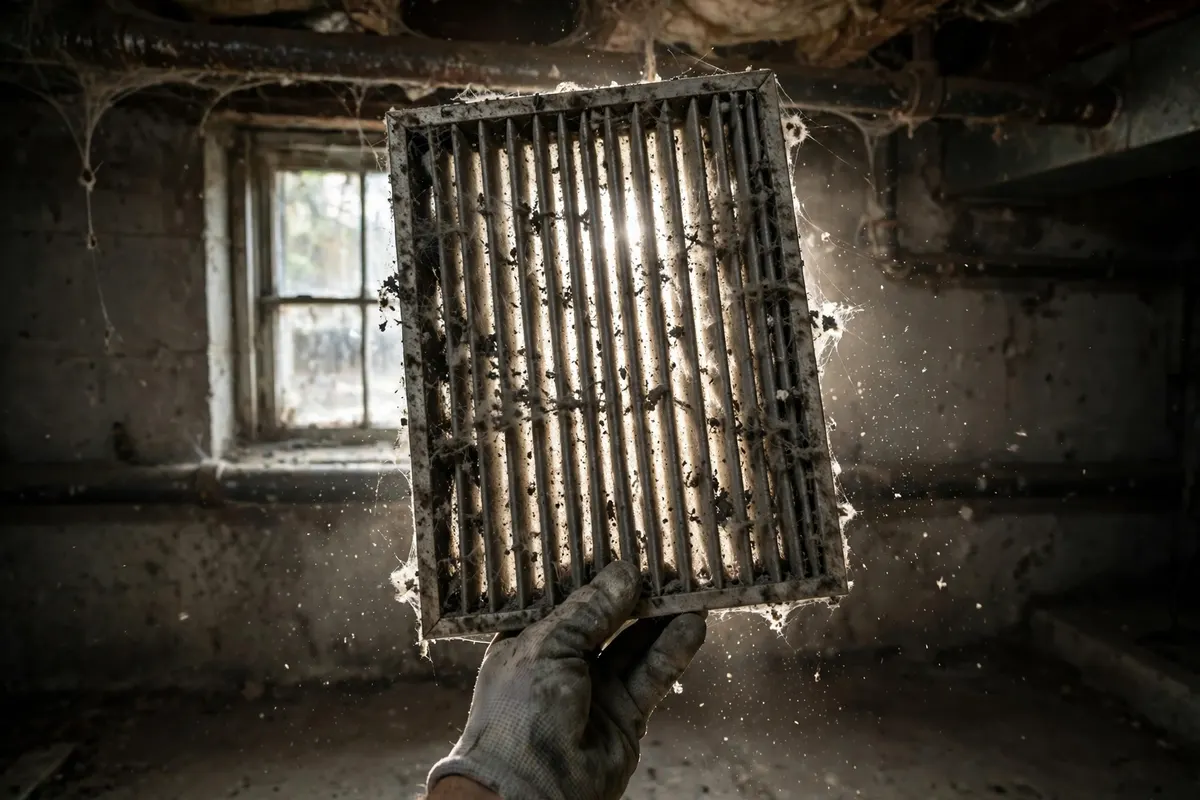 A furnace filter held up to light in a basement