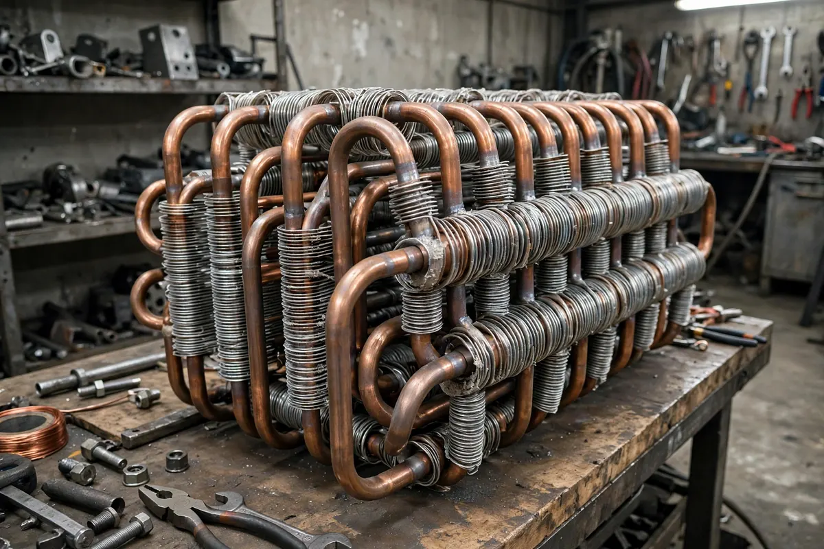 A heat exchanger coil with metal tubes on a workbench