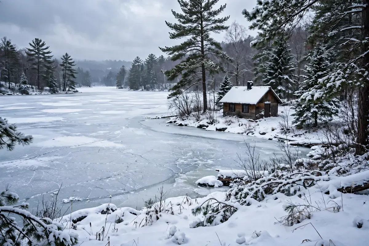 A Wisconsin lake shore in winter with pine trees and a small home