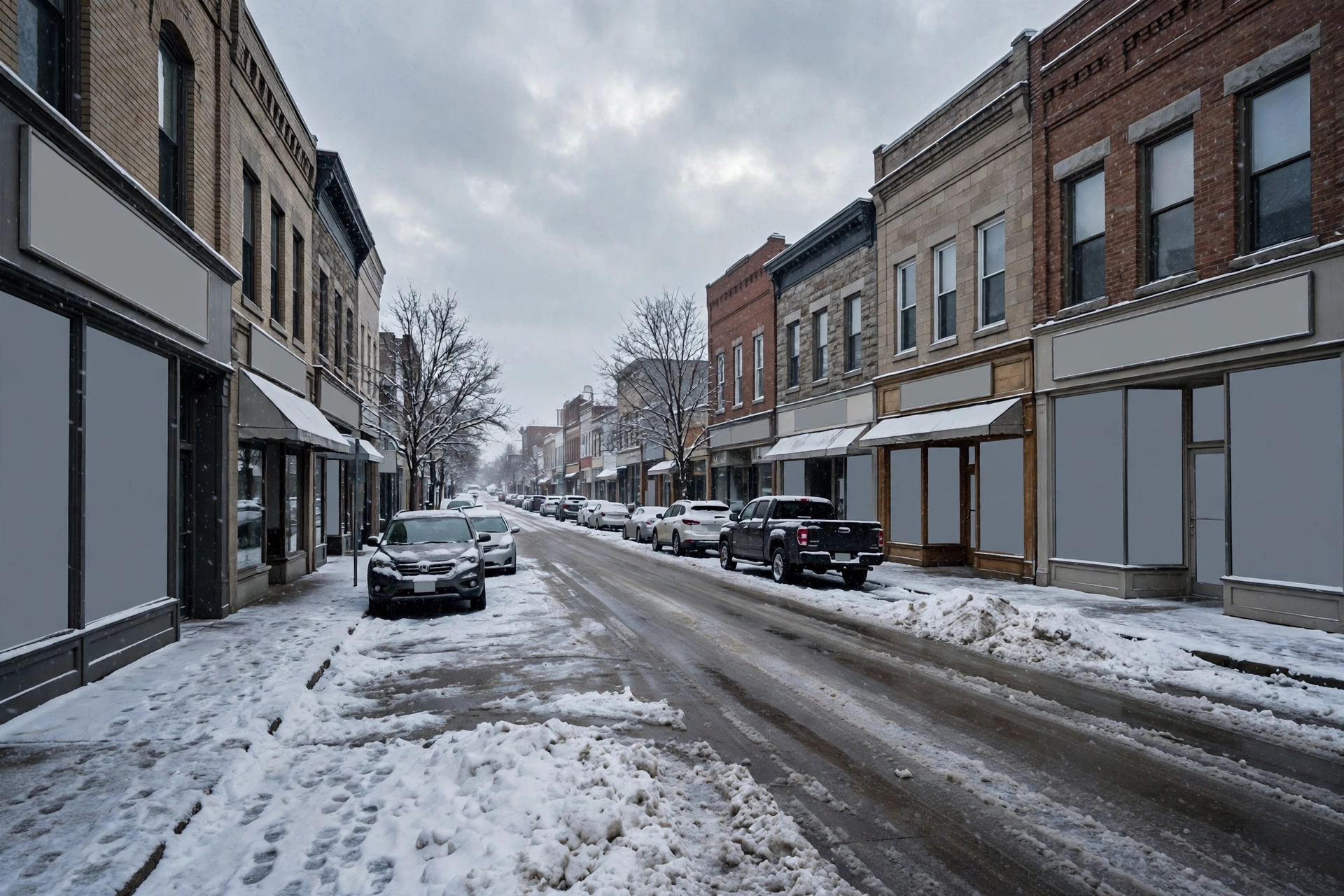 Downtown main street in winter with storefronts and snow-covered sidewalks