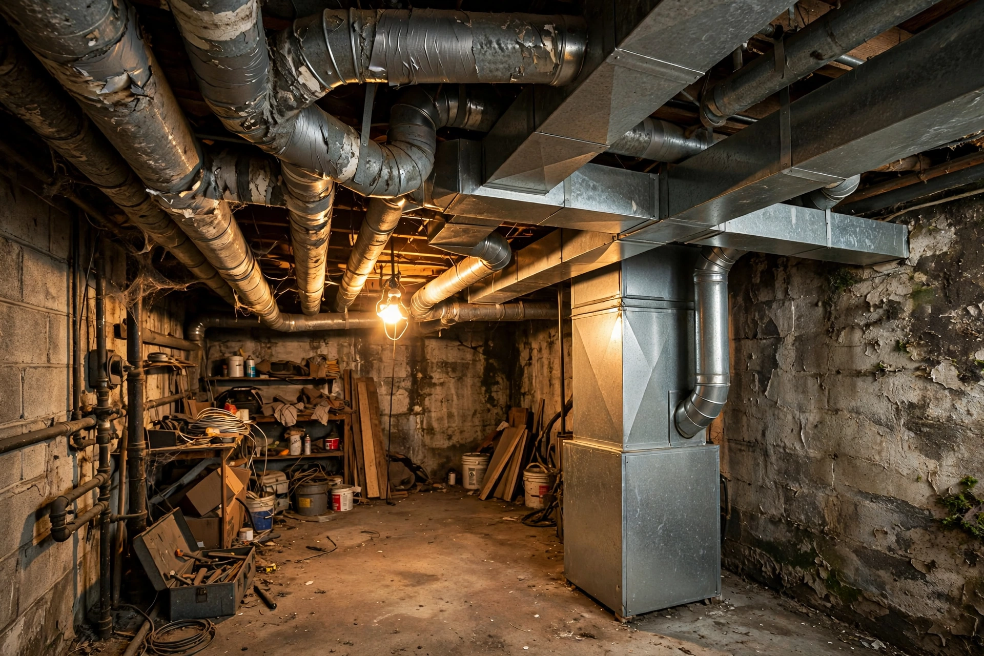 Old basement with galvanised steel duct runs overhead and a furnace