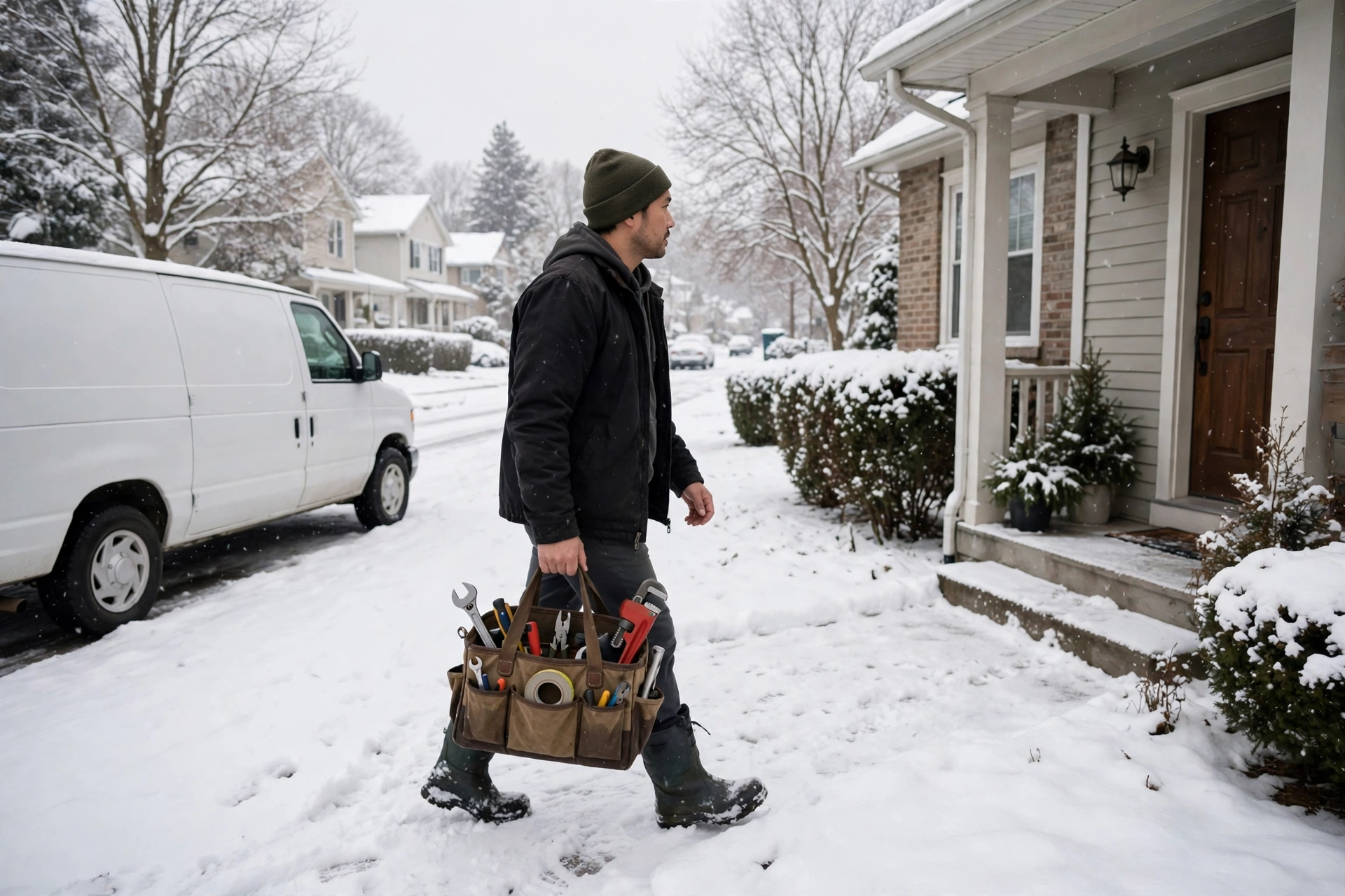 Heating technician carrying a tool bag walking from a service van toward a house in snow