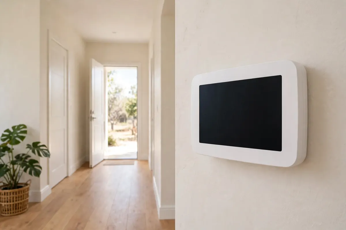 A modern thermostat on a hallway wall
