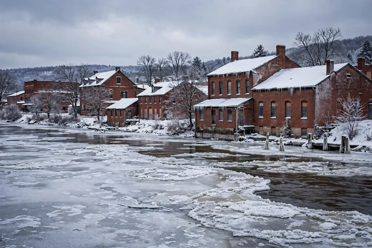A riverfront town in winter with brick buildings along icy water