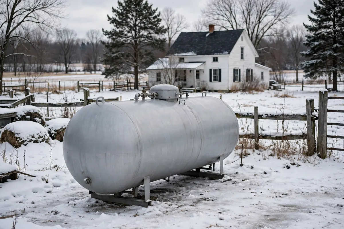 A large propane tank in a snowy rural yard