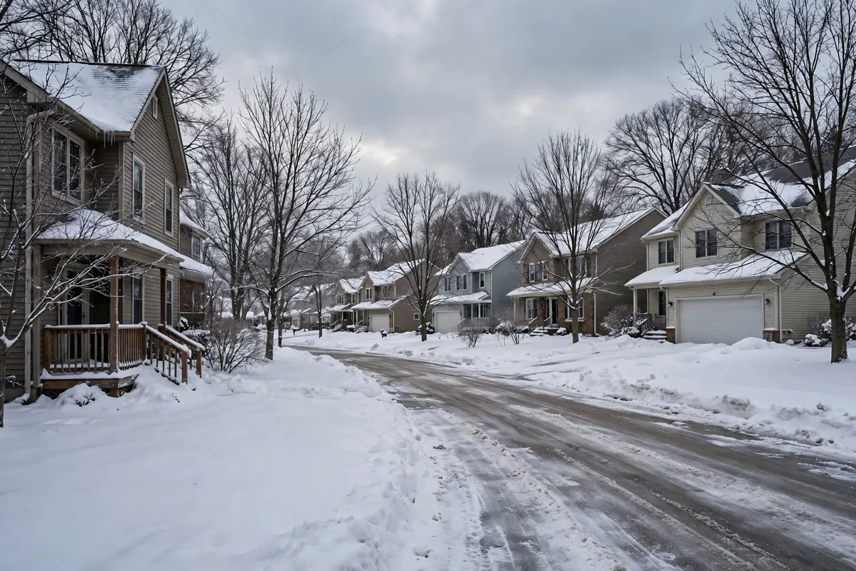 A suburban Wisconsin street in winter with two-story homes