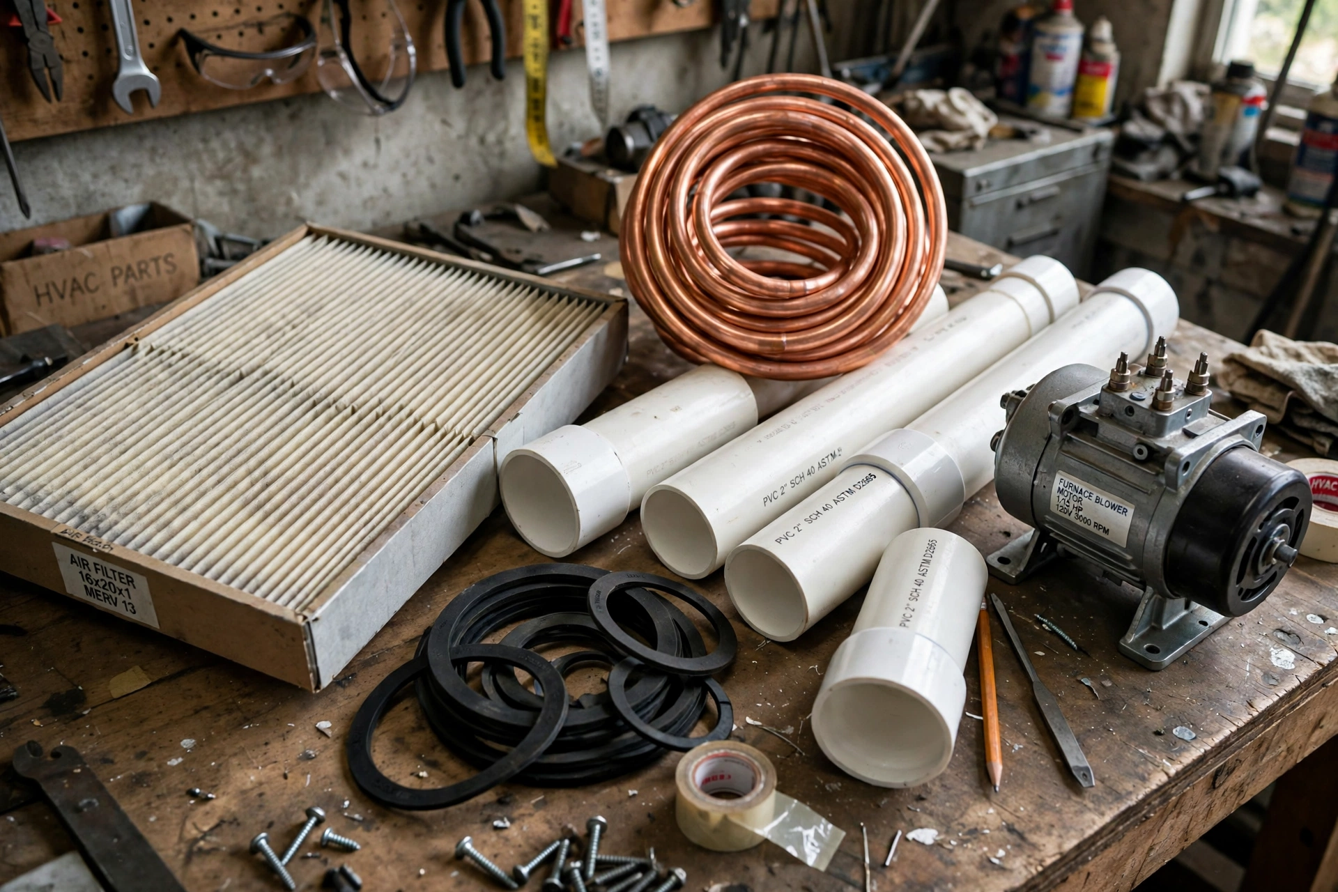 Furnace parts on a workbench: pleated filter, copper pipe coil, PVC vent sections, gaskets and a motor