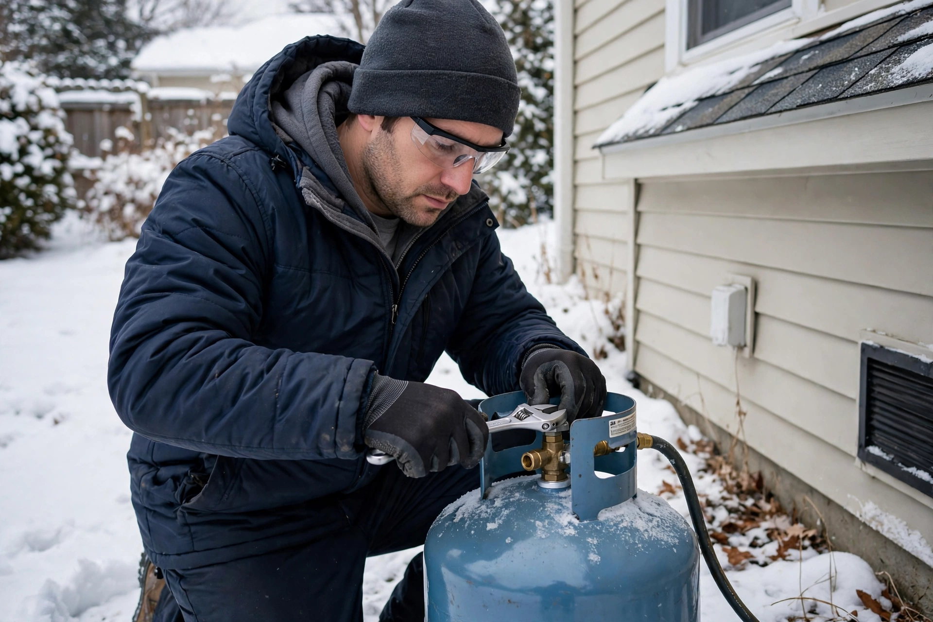 Technician adjusting a propane tank valve beside a house in winter snow