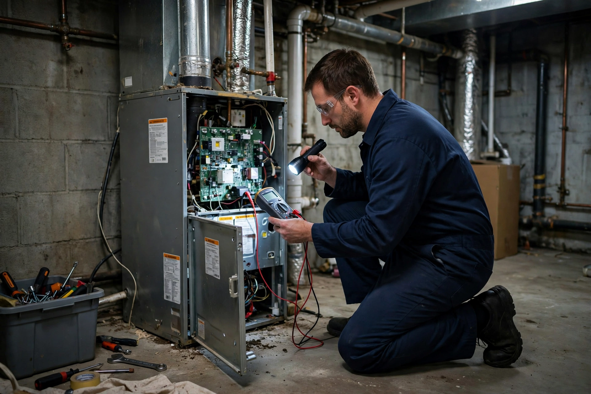 Heating technician testing a furnace control board with a multimeter in a basement