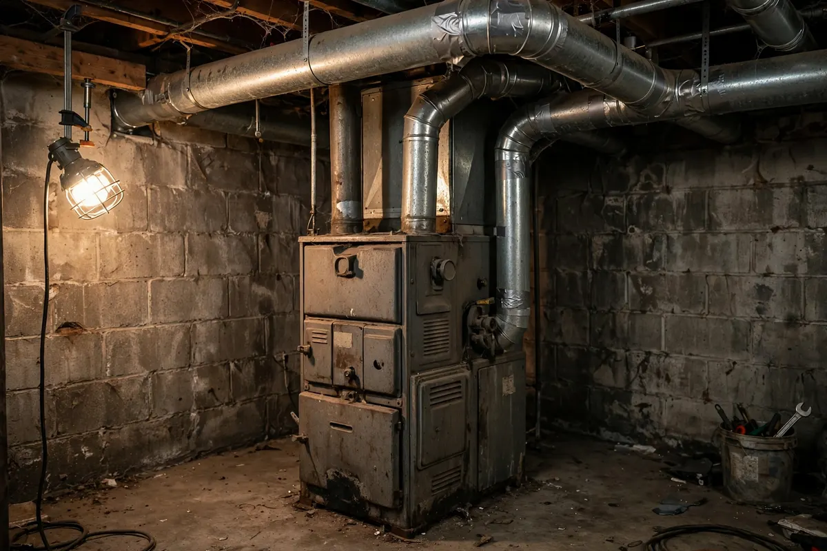 A gas furnace with metal ductwork in an older home basement
