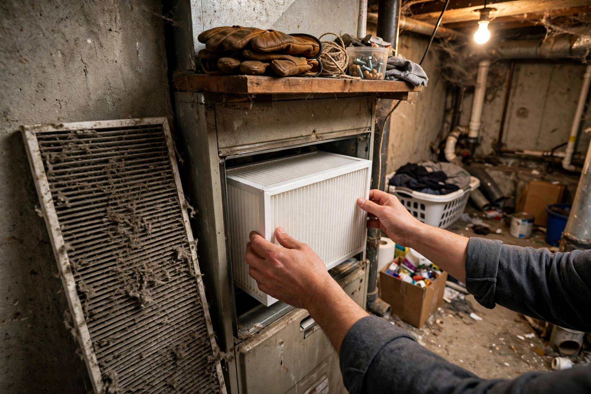 Hands sliding a clean pleated filter into a furnace while a dusty old filter leans nearby
